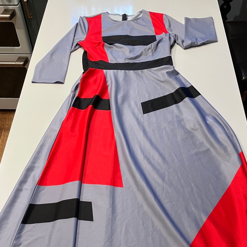 Women’s Colorblock A-Line Midi Dress - Red & Gray